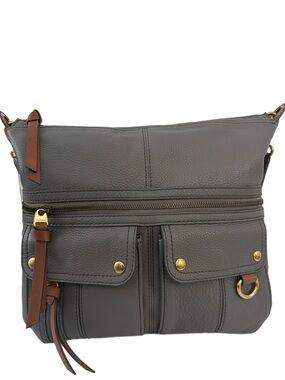 Fossil Morgan Top Zip Leather Lead Gray Crossbody Handbag